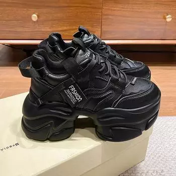 New Fashion Chunky Sneakers Women Autumn Lace Up Platform Sports Shoes Woman 8CM Thick Bottom High Heels Female Leather Sneakers 34 чёрный