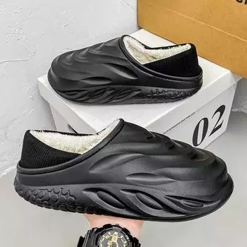 New Fashion Cotton Slippers Men Winter Warm Home Cotton Shoes Waterproof Garden Shoes Indoor Slip On Shoes For Men Mules Clogs 36-37 чёрный