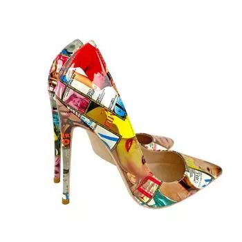 New fashion graffiti high heels, shallow cut single shoes, 12cm 10cm 8cm pointed thin heeled single shoes, new women s shoes 33