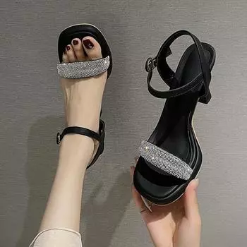 New fashion high-heeled sandals women s 2024 European and American spring and summer rhinestone open-toed waterproof table comfortable and sexy 34 чёрный