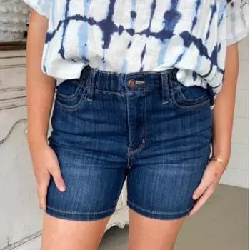 Новые модные синие повседневные джинсы с высокой талией, женские летние элегантные облегающие джинсовые шорты, женские винтажные простые джинсовые шорты больших размеров 24721 S синий