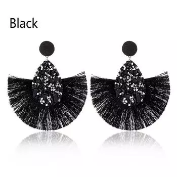 New Fashion Jewelry Colorful Crystal Glitter Sequins Dangle Teardrop Tassel Earrings Fringe Drop чёрный