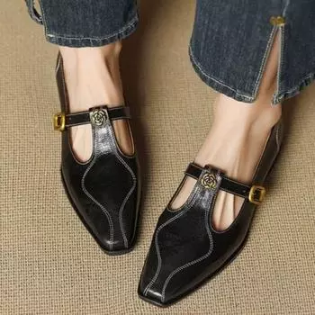 New Fashion Ladies Black Leather Mary Jane Flats with Metal Rose T-Strap Casual Ballet Shoes Women s Comfort Flats Zapatos Mujer 35