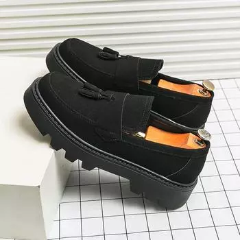 New Fashion Leather Gentleman Stress Shoes Men Business Driving Handmade Tassel Loafers Shoes 2024 Spring Men Thick Soled Shoes 38 чёрный