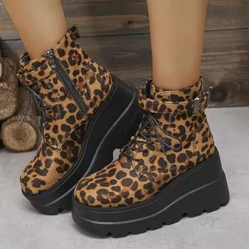 New Fashion Leopard Printed Wedge Anti Slip Women s Short Boots Platform Thick Sole Belt Buckle Zipp Lace Up High Top Shoes 35 бежевый