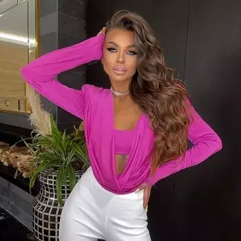 New Fashion Long Sleeve Padded Shoulder Casual Shirts Women Swinging Collar Slim Fit Blouses Women Street Chest Wrapped Solid Ladies Shirt Tops 25833 S розы красного