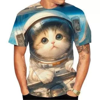 Новая модная мужская и женская футболка с круглым вырезом и принтом в виде 3D-кошки в стиле HD, уличный стиль, унисекс, модный детский топ S