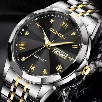 Новые модные мужские часы с двойным календарем и бриллиантами, прочные часы из нержавеющей стали с застежкой-бабочкой, водонепроницаемые мужские часы, роскошные кварцевые часы