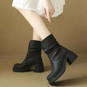 New Fashion Modern Boots Womens Thick High Heel Shoes Black/Khaki Round toe Real Leather Pleated Knee-High Slip-On Knight Boot 34