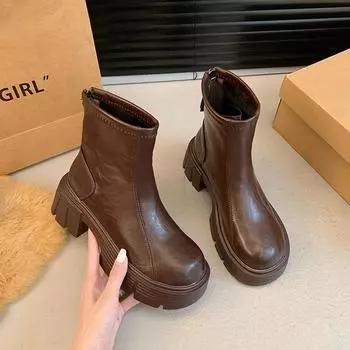 New Fashion Outdoors Square Heel Women Ankle Boots 2024 Hot Sale Solid Color Thick with Back Zipper Round Head Women s Shoes 35 чёрный