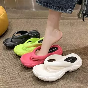New Fashion Platform Flip Flops Women Summer 2024 Thick Sole Non Slip Beach Slippers Woman Brand Designer Clip Toe Wedge Sandals 35-36 чёрный