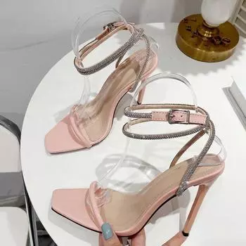 Новые модные сандалии со стразами, женские летние туфли с ремешком на щиколотке с кристаллами, туфли на высоком каблуке для вечеринки, свадьбы, выпускного вечера, туфли на шпильке с открытым носком 35 розовый