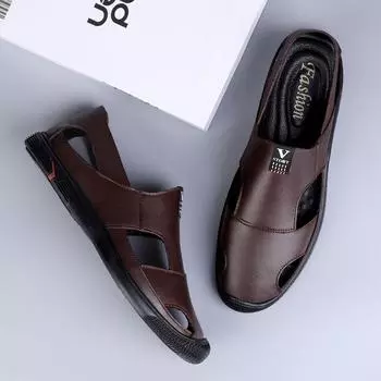 Новые модные сандалии мужские дышащие туфли из натуральной кожи мужские уличные мокасины противоскользящие пляжные летние кроссовки полые туфли 37 чёрный