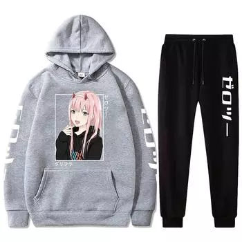 New Fashion Set Kawaii Anime Darling In The Franxx Men Women Unisex Hoodies Sweatshirts Zero Two Hoodie Pants Harajuku Jogging Suits S белый