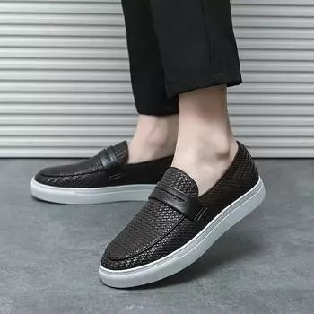 New Fashion Slip on Loafers Men Shoes Board Soft Casual Leather Shoes Men Breathable Party Weave Pattern Shoes for Man Flat Free 39 чёрный