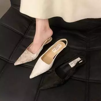 New Fashion Spring Summer Women Kitten Heels Pointed Toe Sandals Fashion Back Buckle Bling Silver Ladies Casual Med Heels Shoes 35 белый