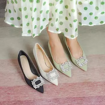 Новые модные туфли с квадратным носком и пряжкой, туфли на плоской подошве на толстом каблуке, туфли со стразами, повседневная обувь с неглубоким носком, женская обувь на низком каблуке 34