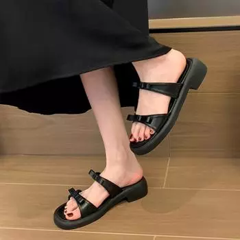 New Fashion Straps Slipper Summer Beach Shoes 4.5cm Square Heels Slippers Women Sweet Bow Outside Casual Sandals Shoe Slides 35 чёрный