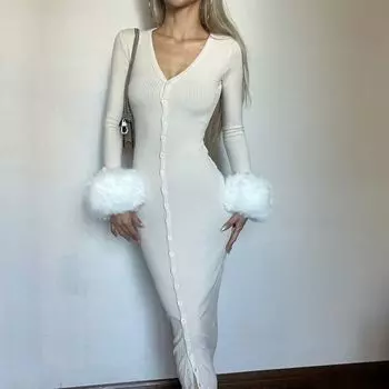 New Fashion Style Kardashian Sexy Single-Breasted Split Low-Cut Buttock Tight Long Sleeves Dress Long Dress for Women White cuffs fluffy All yards