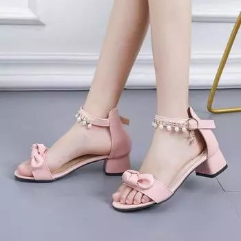 New Fashion Summer Ladies Wedding Shoes Solid Color Mid Heel Bow Women s Sandals 2024 Buckle Beaded Shoes Pearl Sandals Ladies 33 бежевый