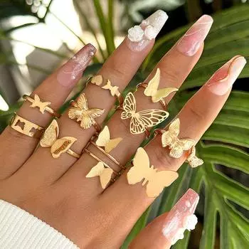 New Fashion Versatile Leaf Love Ring Set Personalized Geometric Stacked Joint Ring Multi-Piece Set
