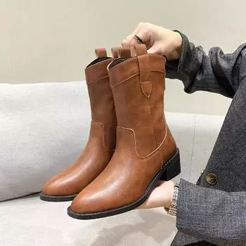 New Fashion Western Cowboy Boots Women Fashion Slip on Pointed Toe Mid Calf Boots Female Retro Square Heel Women s Knight Boots 35 чёрный