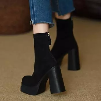 New Fashion Women s Ankle Boots Very High Heels Booties Heeled Short Shoes for Woman Suede Platform Sock with Boot Zapatos Mujer 34 чёрный