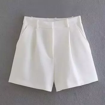 New Fashion Women s Clothing High Waist Pleated Casual Shorts White XS