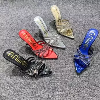 New Fashion Women s Luxury Pointed Rhinestone Cross Crystal Gold and Silver High Heel Slippers Banquet Wedding Shoes 36