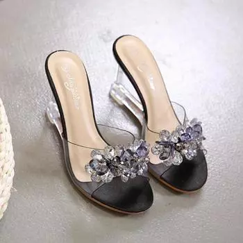 New Fashion Womens Slippers Transparent Sexy Sandals Round Toe Fish Mouth Heels Party Shoes Crystal Pumps for Womendf456 34 чёрный