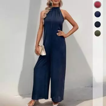 New Fashionable And Elegant Casual High Waisted Printed Wide Leg Jumpsuit For Women S Summer Formal Attire S чёрный