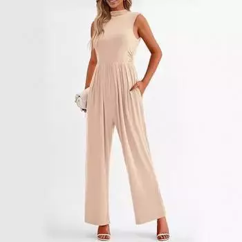 New Fashionable And Elegant Casual High Waisted Printed Wide Leg Jumpsuit For Women S Summer Formal Attire M бежевый