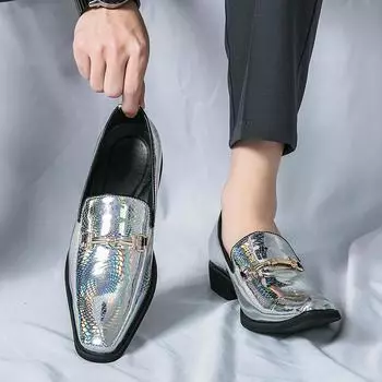 New Fashionable Silver Pointed Men Shoes Snake Pattern Metal Buckle Slip on Casual Business Mixed Colors Patchwork Party Shoes 38 чёрный
