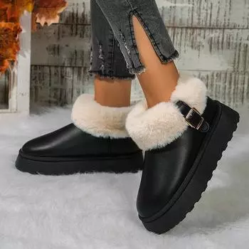 New Faux Fur Snow Boots Women Winter Pu Leather Waterproof Plush Ankle Boots Woman Slip-On Non-Slip Warm Cotton-Padded Shoes 36 бежевый