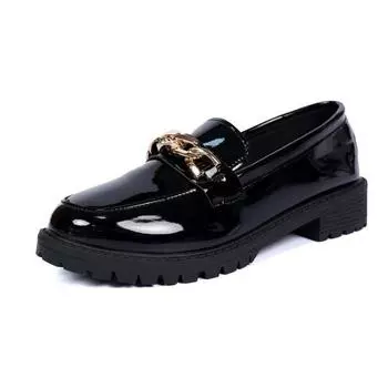 New Female Shoes Women Fashion Mary Janes Round Toe Flats Loafers Oxfords Platform Casual Metal Chain Buckle Ladies Heels Black 36