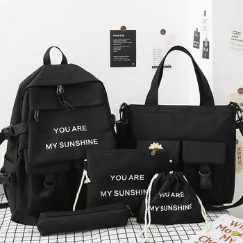 New Five Piece Set Simple Schoolbag Girls High School Backpack Large Capacity Casual New Lightweight Junior High School Girls Campus Backpack 5pcs