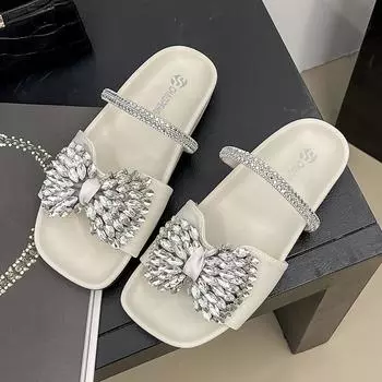 New flat-bottomed bow rhinestone slippers women s cross with satin open-toed fashion outer slippers women 35