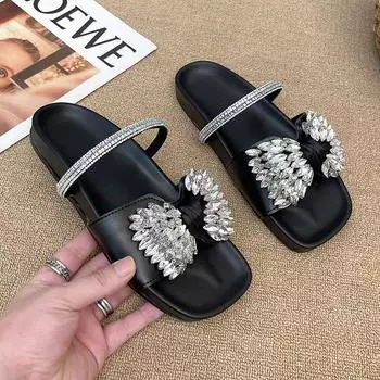New flat-bottomed bow-tied rhinestone slippers women s cross-strapped satin open-toed fashion outer slippers 35