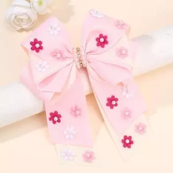 New Flower Bow Hair Clip Sweet Pearls Floral Pink Hairpin Ribbon Barrette For Girls Women French Headwear Headdress Accessories