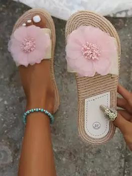 New flower sandals household handmade slippers light and comfortable flat bottom one-word drag hot pink flower 35
