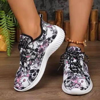 New Flower Skull Pattern Ladies Sport Shoes Dirt Resistant Durable Round Toe Lace Up Sneakers Breathable Non-Slip Outdoor Travel 36 чёрный
