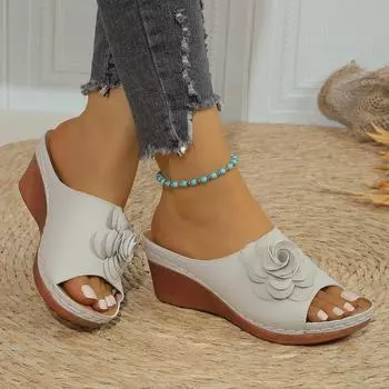 New flower thick-bottomed fish mouth slippers women s outer wear car line wedge heel light and cool slippers 36 хаки
