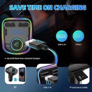New FM Transmitter Car Bluetooth 5.0 Type-C Dual USB Adapter Charger MP3 Handsfree 3.1A Light Player Ambient Colorful Fast J1S3 чёрный