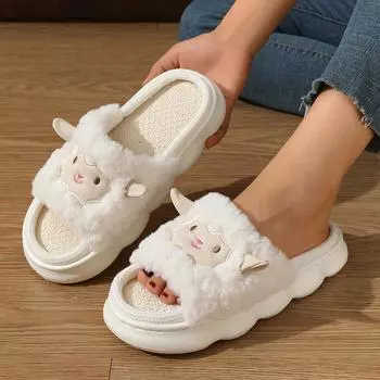 New four seasons sheep linen slippers cute non-slip sweat-absorbing indoor household breathable cotton and linen slippers couple 36-37
