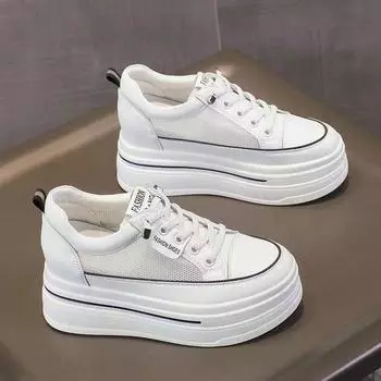 New four seasons women s shoes Internet celebrity platform heightening fashion lace-up white shoes student casual breathable sports board shoes 35