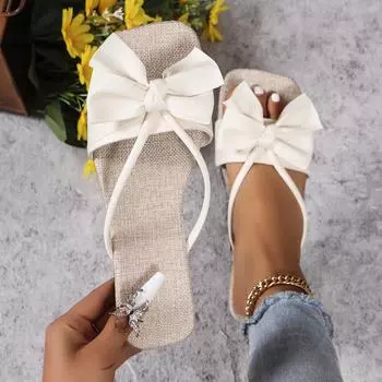 New French low-heeled large-size flip-flops for women wearing summer fairy wind soft-bottomed bow beach cool slippers 35 чёрный