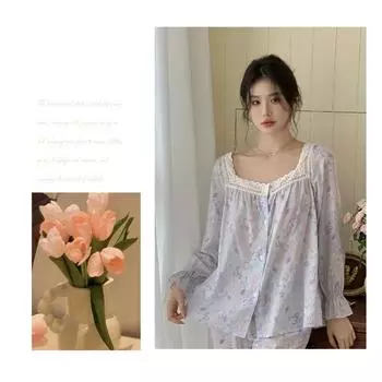 New French Pajamas New Autumn Cotton Printed Loose Long-sleeved Trousers Home Clothes Two-piece Outfit S