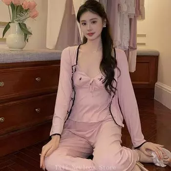 Новая французская пижама женская весенняя хлопковая слинг сексуальная чистая ветрозащитная накладка на грудь из трех частей домашняя одежда костюм носить S чёрный