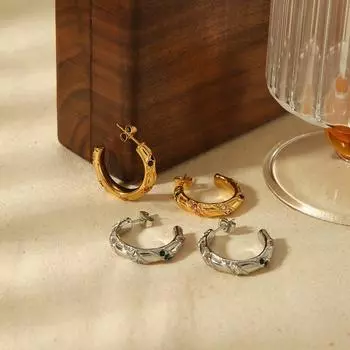 New French retro design high-end 18K gold stainless steel geometric C-shaped zircon earrings women s fashion