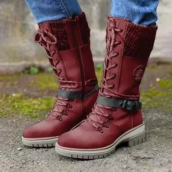 New front lace-up medium tube square and round-headed knight boots women s belt buckle thick-soled thin leather boots 35 красный